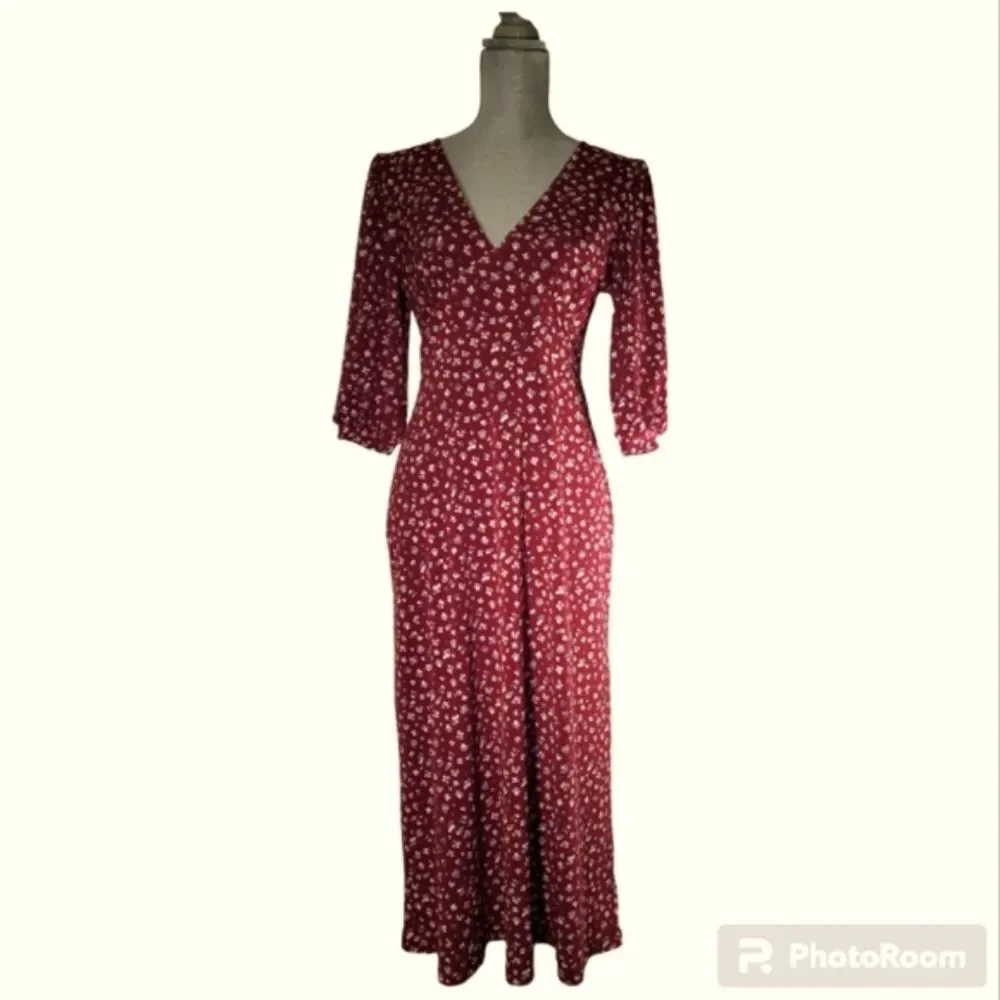 All In Favor Burgundy Floral Puff Sleeve Midi Dress Size M Medium - Picture 3 of 11